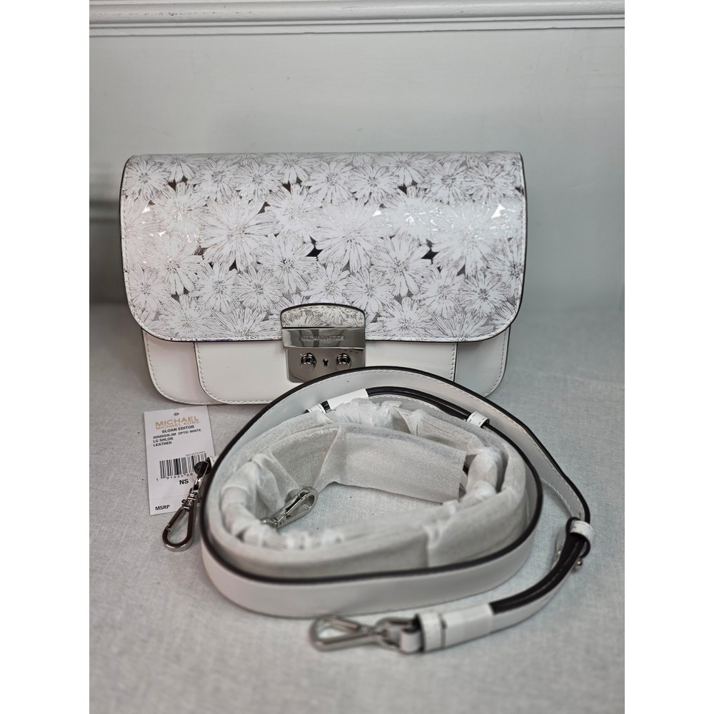Michael Kors Sloan Editor Optic White Leather Floral Shoulder Bag 30S8SS9L3M